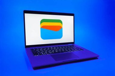 Prag, Çek Cumhuriyeti - 08 01 2025: Tek tip arka planda bir dizüstü bilgisayar Google Cüzdan logosunu gösterir. Google Cüzdanı dijital ödeme yöntemlerini depolamak ve kullanmak için bir platformdur.
