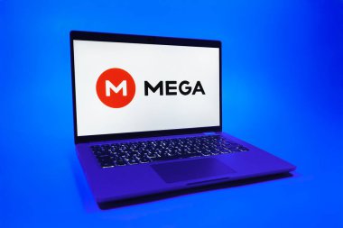 Prag, Çek Cumhuriyeti - 08 01 2025: Mega logosunu gösteren bir dizüstü bilgisayar. Mega şifreli dosya paylaşımı ile bulut depolama platformu.