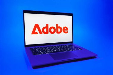 Prag, Çek Cumhuriyeti - 08 01 2025: Tek bir arkaplanda bir dizüstü bilgisayar Adobe logosunu gösterir. Adobe yaratıcı araçlar ve hizmetler sunan bir yazılım şirketidir..