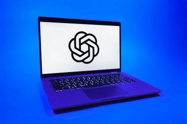 Prag, Çek Cumhuriyeti - 08 01 2025: Tek bir arkaplanda bir dizüstü bilgisayar OpenAI logosunu gösterir. OpenAI, yapay zeka modelleri ve uygulamaları geliştiren bir platformdur..
