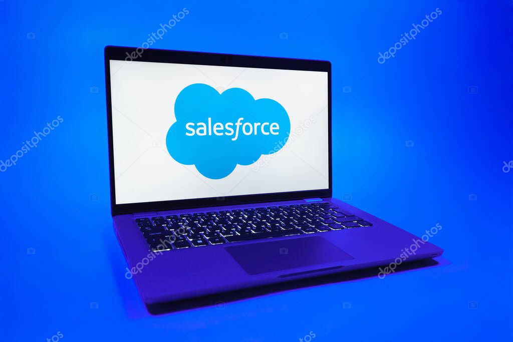 Prague, Czechia - 08 01 2025: A laptop on a uniform background displays the Salesforce logo. Salesforce is a platform for customer relationship management and cloud services.