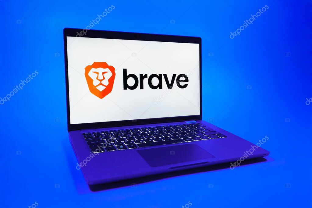 Prague, Czechia - 08 01 2025: A laptop on a uniform background displays the Brave logo. Brave is a web browser focused on privacy and speed.
