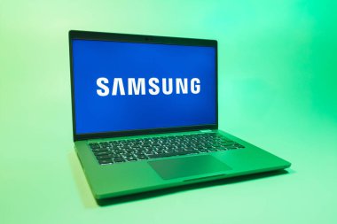 Prag, Çek Cumhuriyeti - 08 01 2025: Samsung logosunu gösteren bir dizüstü bilgisayar. Samsung elektronik ve cihaz üreten bir teknoloji şirketi..