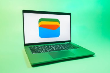 Prag, Çek Cumhuriyeti - 08 01 2025: Tek tip arka planda bir dizüstü bilgisayar Google Cüzdan logosunu gösterir. Google Cüzdanı dijital ödeme yöntemlerini depolamak ve kullanmak için bir platformdur.