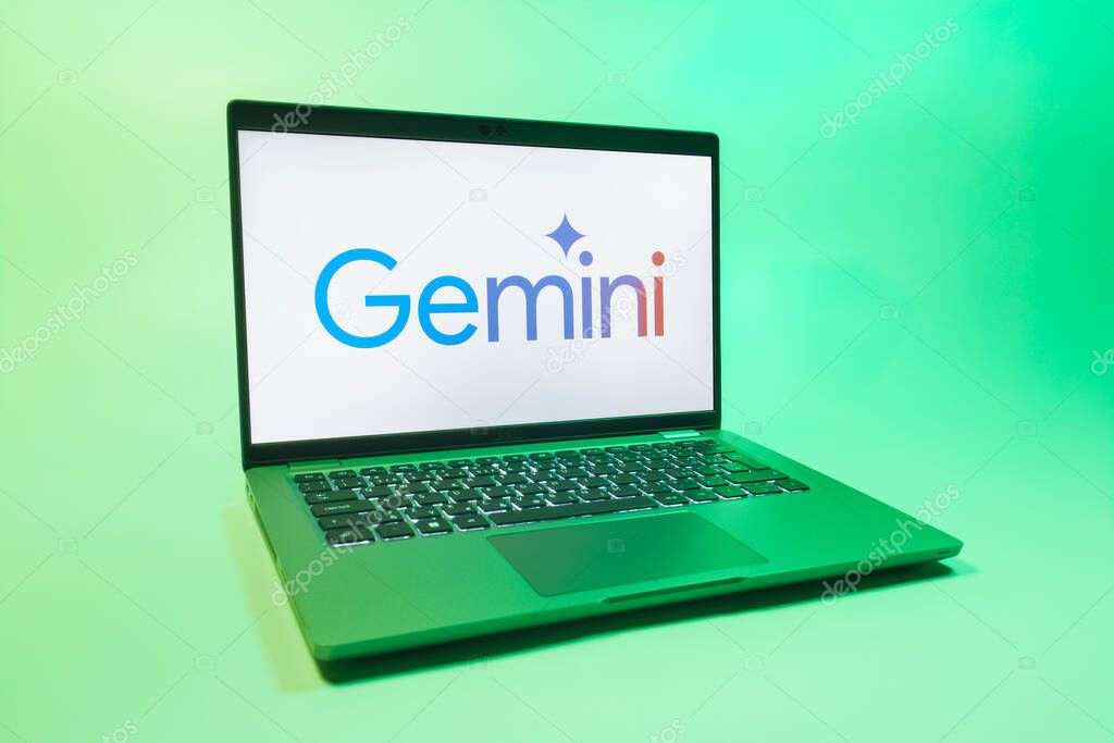 Prague, Czechia - 08 01 2025: A laptop on a uniform background displays the Gemini logo. Gemini is a platform for cryptocurrency trading and management.