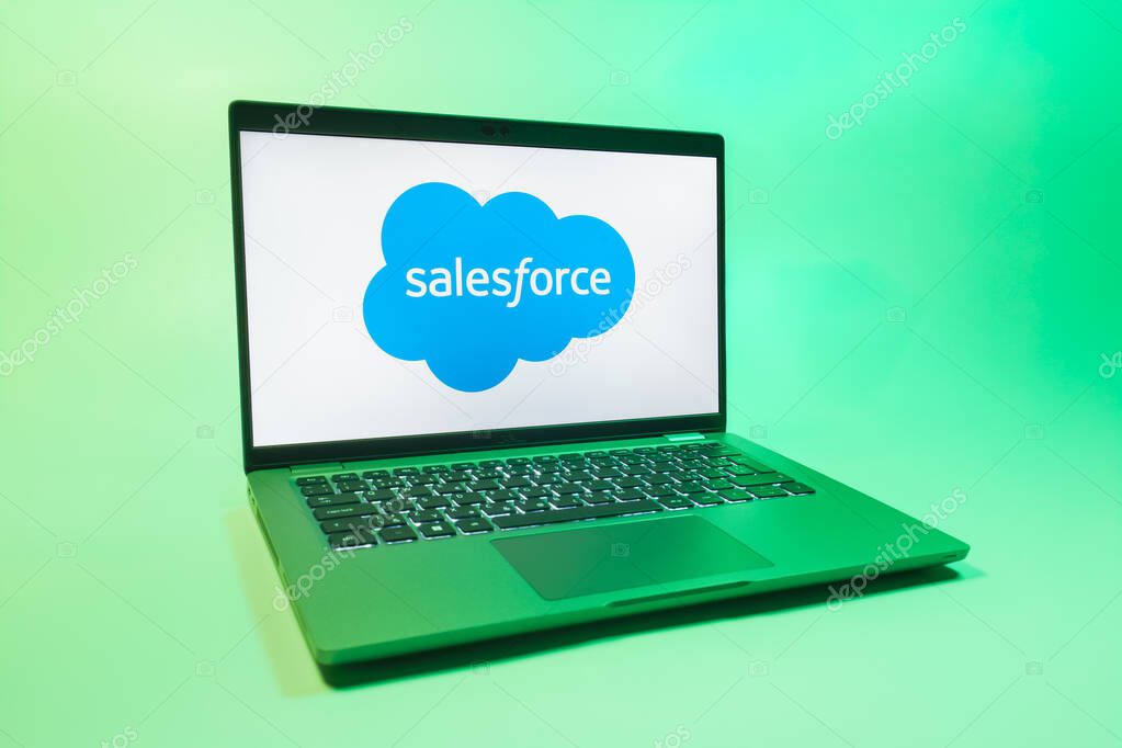 Prague, Czechia - 08 01 2025: A laptop on a uniform background displays the Salesforce logo. Salesforce is a platform for customer relationship management and cloud services.