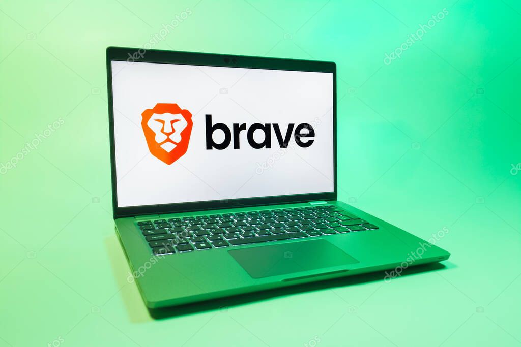 Prague, Czechia - 08 01 2025: A laptop on a uniform background displays the Brave logo. Brave is a web browser focused on privacy and speed.