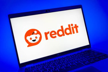 Prag, Çek Cumhuriyeti - 08 01 2025: Reddit logosunu gösteren dizüstü bilgisayarın yakın görüntüsü. Reddit tartışma, haber ve toplum içeriği için bir platformdur.