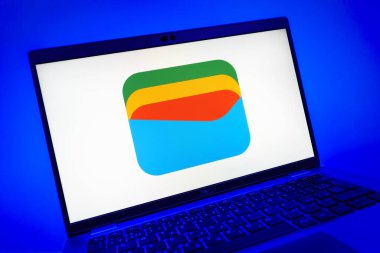 Prag, Çek Cumhuriyeti - 08 01 2025: Google Cüzdan logosunu gösteren dizüstü bilgisayarın yakın görüntüsü. Google Cüzdanı dijital ödeme yöntemlerini depolamak ve kullanmak için bir platformdur.