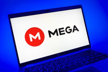 Prag, Çek Cumhuriyeti - 08 01 2025: Mega logosunu gösteren dizüstü bilgisayarın yakın görüntüsü. Mega şifreli dosya paylaşımı ile bulut depolama platformu.
