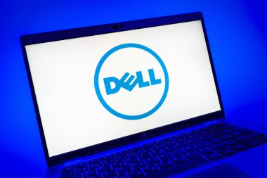 Prag, Çek Cumhuriyeti - 08 01 2025: Dell logosunu gösteren dizüstü bilgisayarın yakın görüntüsü. Dell bilgisayar ve bilişim çözümleri üreten bir teknoloji şirketidir..
