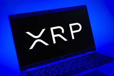 Prag, Çek Cumhuriyeti - 08 01 2025: Ripple logosunu gösteren dizüstü bilgisayarın yakın görüntüsü. Dalgalanma dijital kripto para birimi ve ödeme protokolüdür..