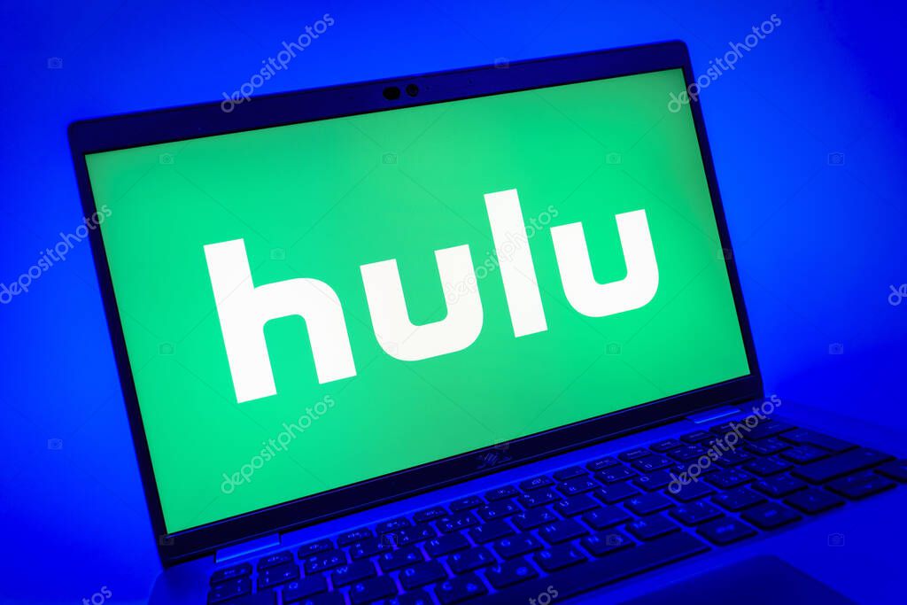 Prague, Czechia - 08 01 2025: A close-up view of a laptop screen displaying the Hulu logo. Hulu is a streaming platform for TV shows, movies, and live TV.