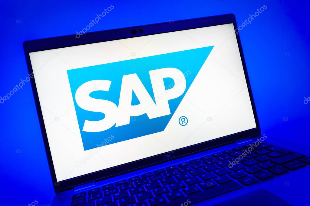 Prague, Czechia - 08 01 2025: A close-up view of a laptop screen displaying the SAP logo. SAP is a software company providing enterprise applications and solutions.
