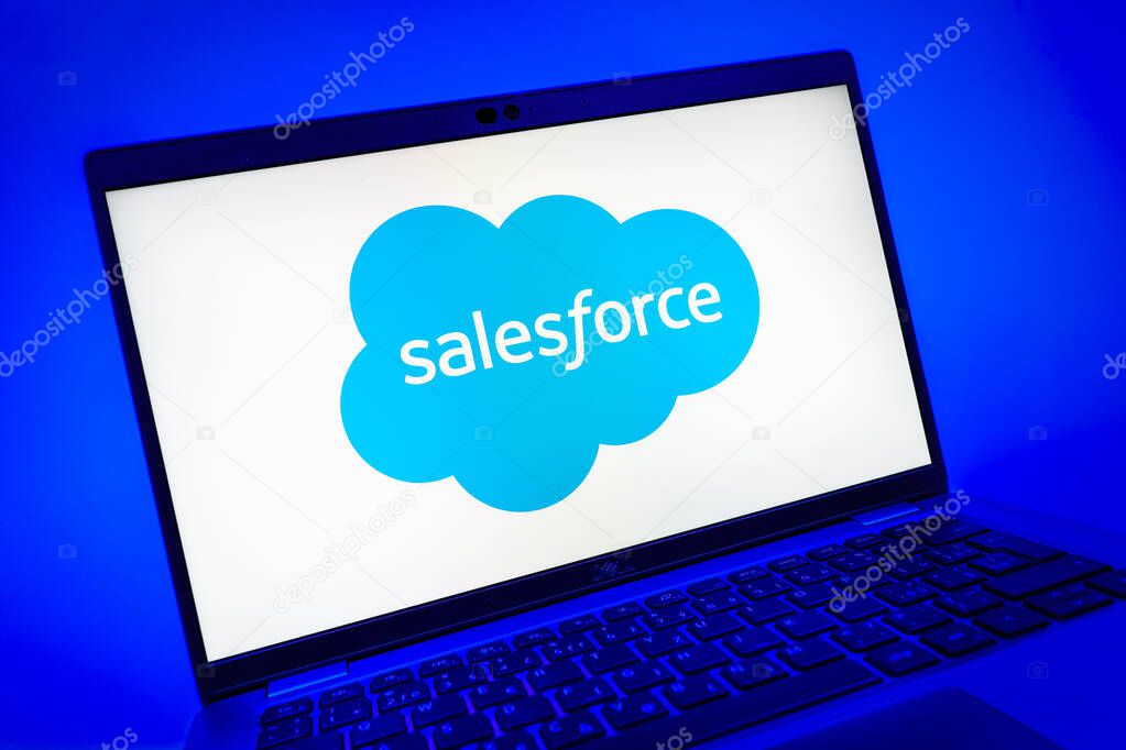 Prague, Czechia - 08 01 2025: A close-up view of a laptop screen displaying the Salesforce logo. Salesforce is a platform for customer relationship management and cloud services.