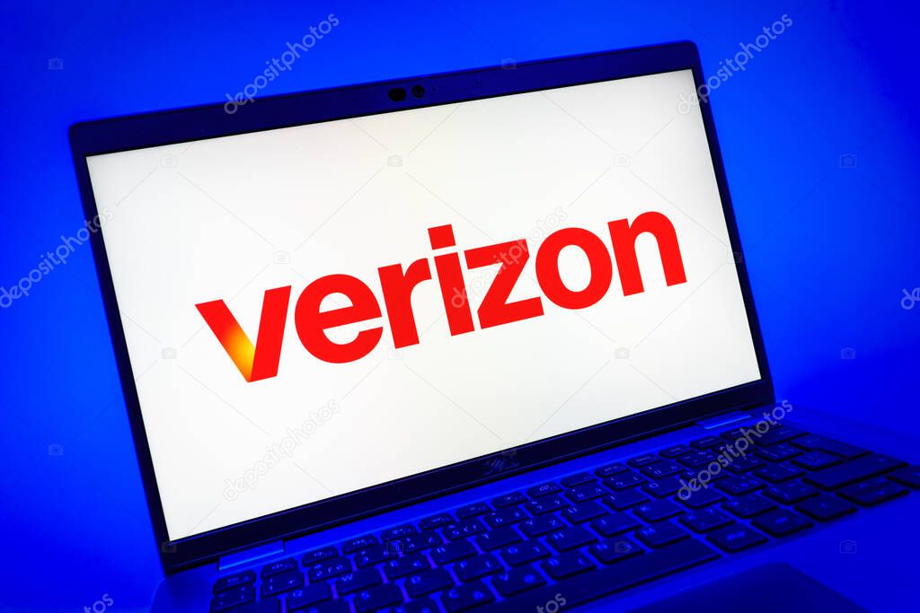 Prague, Czechia - 08 01 2025: A close-up view of a laptop screen displaying the Verizon logo. Verizon is a telecom company providing wireless and broadband services.