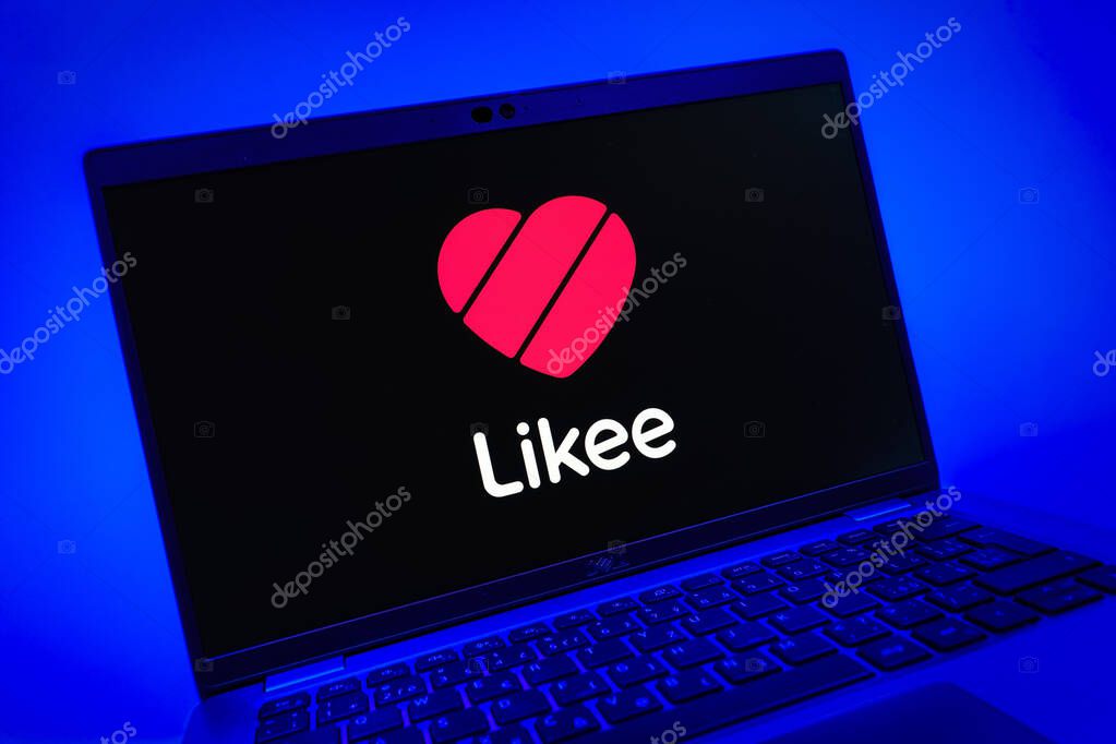 Prague, Czechia - 08 01 2025: A close-up view of a laptop screen displaying the Likee logo. Likee is a platform for creating and sharing short videos.
