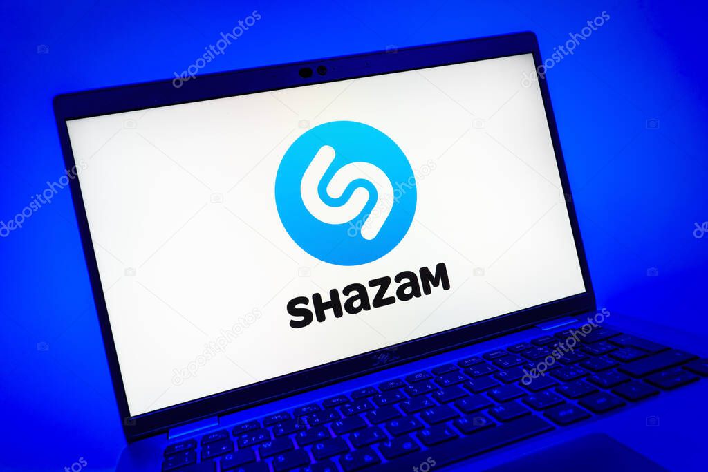 Prague, Czechia - 08 01 2025: A close-up view of a laptop screen displaying the Shazam logo. Shazam is an app for identifying songs and music tracks.