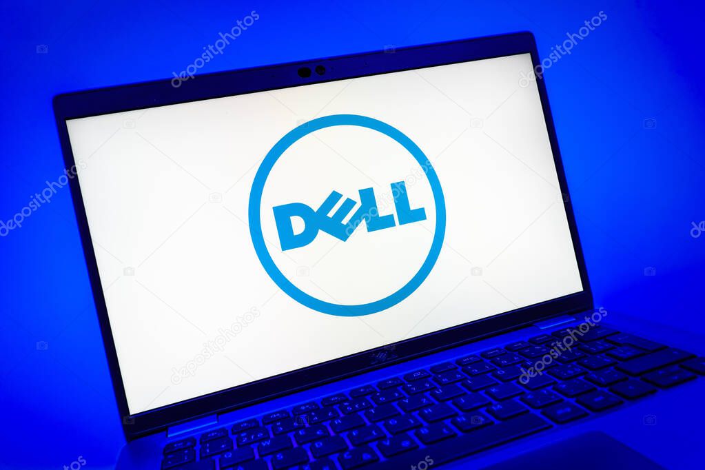 Prague, Czechia - 08 01 2025: A close-up view of a laptop screen displaying the Dell logo. Dell is a technology company producing computers and IT solutions.