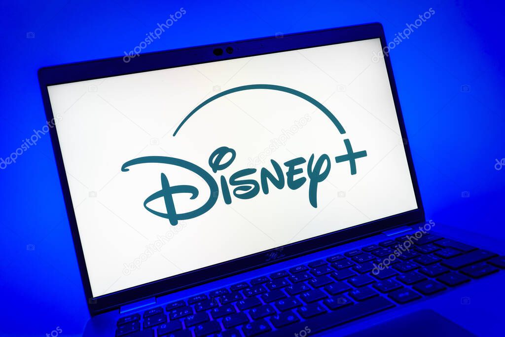 Prague, Czechia - 08 01 2025: A close-up view of a laptop screen displaying the Disney+ logo. Disney + is a streaming platform for movies and TV shows.