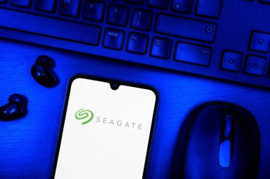 Prague, Czechia - 08 09 2025: A top-down view of a desk with a phone displaying the Seagate logo. Seagate is a company producing hard drives and storage solutions.