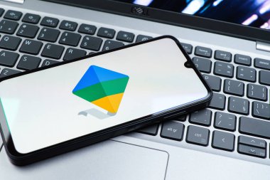 Prag, Çek Cumhuriyeti - 08 01 2025: Dizüstü bilgisayarda bulunan bir cep telefonu Google Family Link logosunu görüntüler. Google Family Link ebeveyn denetimi ve çocuk hesabı yönetimi için bir platformdur.