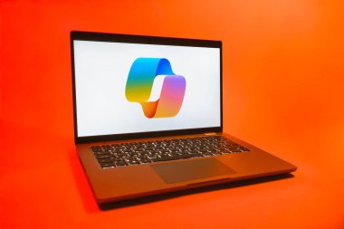 Prag, Çek Cumhuriyeti - 08 01 2025: Tek tip arkaplanda bir dizüstü bilgisayar Copilot logosunu gösteriyor. Copilot, üretkenlik yardımı için yazılıma entegre edilmiş bir yapay zeka asistanıdır..