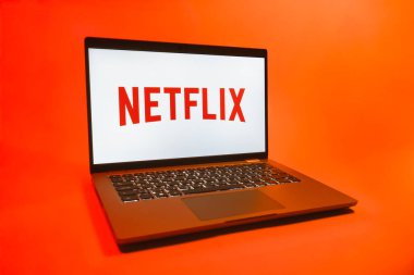 Prag, Çek Cumhuriyeti - 08 01 2025: Tek tip arka planda bir dizüstü bilgisayar Netflix logosunu gösterir. Netflix sinema ve televizyon programları için bir yayın platformudur..