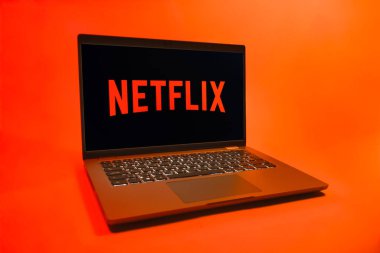 Prag, Çek Cumhuriyeti - 08 01 2025: Tek tip arka planda bir dizüstü bilgisayar Netflix logosunu gösterir. Netflix sinema ve televizyon programları için bir yayın platformudur..
