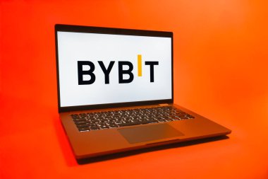 Prag, Çek Cumhuriyeti - 08 01 2025: Tek bir arkaplanda bir dizüstü bilgisayar Bybit logosunu gösterir. Bybit şifreli para ve türev ticareti için bir platformdur.