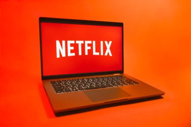Prag, Çek Cumhuriyeti - 08 01 2025: Tek tip arka planda bir dizüstü bilgisayar Netflix logosunu gösterir. Netflix sinema ve televizyon programları için bir yayın platformudur..