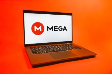 Prag, Çek Cumhuriyeti - 08 01 2025: Mega logosunu gösteren bir dizüstü bilgisayar. Mega şifreli dosya paylaşımı ile bulut depolama platformu.