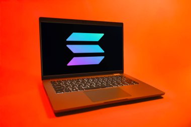 Prag, Çek Cumhuriyeti - 08 01 2025: Solana logosunu gösteren bir dizüstü bilgisayar. Solana merkezi olmayan uygulamalar için hızlı bir engelleme platformudur..