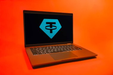 Prag, Çek Cumhuriyeti - 08 01 2025: Unither logosunu gösteren bir dizüstü bilgisayar. Bağlayıcı, ABD dolarına bağlı dijital bir kripto para birimi..