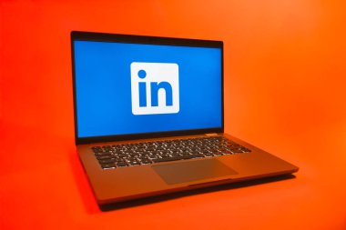 Prag, Çek Cumhuriyeti - 08 01 2025: Tek bir arkaplanda LinkedIn logosunu gösteren bir dizüstü bilgisayar. LinkedIn, insanları ve şirketleri birbirine bağlayan profesyonel bir ağ..