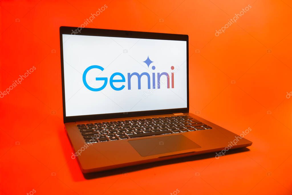 Prague, Czechia - 08 01 2025: A laptop on a uniform background displays the Gemini logo. Gemini is a platform for cryptocurrency trading and management.
