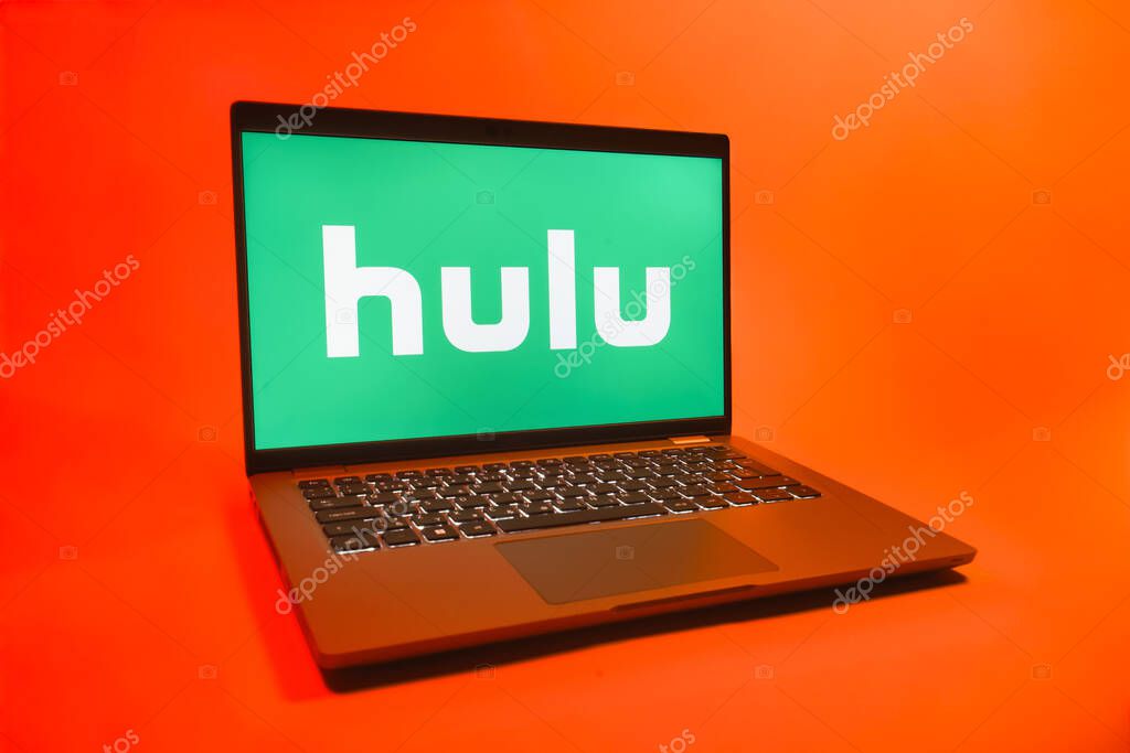 Prague, Czechia - 08 01 2025: A laptop on a uniform background displays the Hulu logo. Hulu is a streaming platform for TV shows, movies, and live TV.