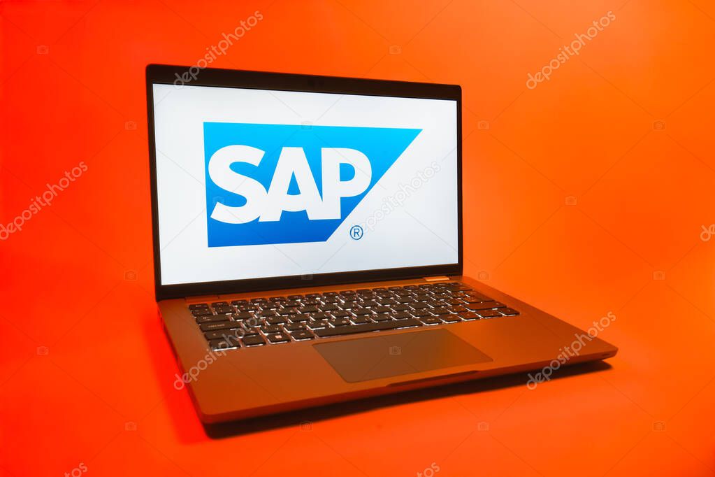 Prague, Czechia - 08 01 2025: A laptop on a uniform background displays the SAP logo. SAP is a software company providing enterprise applications and solutions.