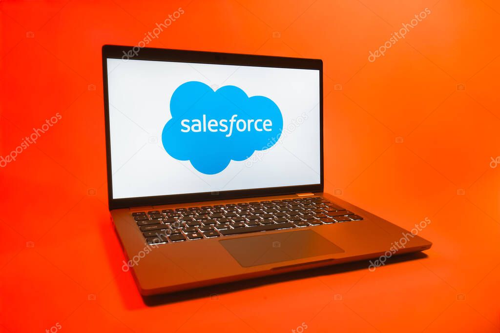 Prague, Czechia - 08 01 2025: A laptop on a uniform background displays the Salesforce logo. Salesforce is a platform for customer relationship management and cloud services.