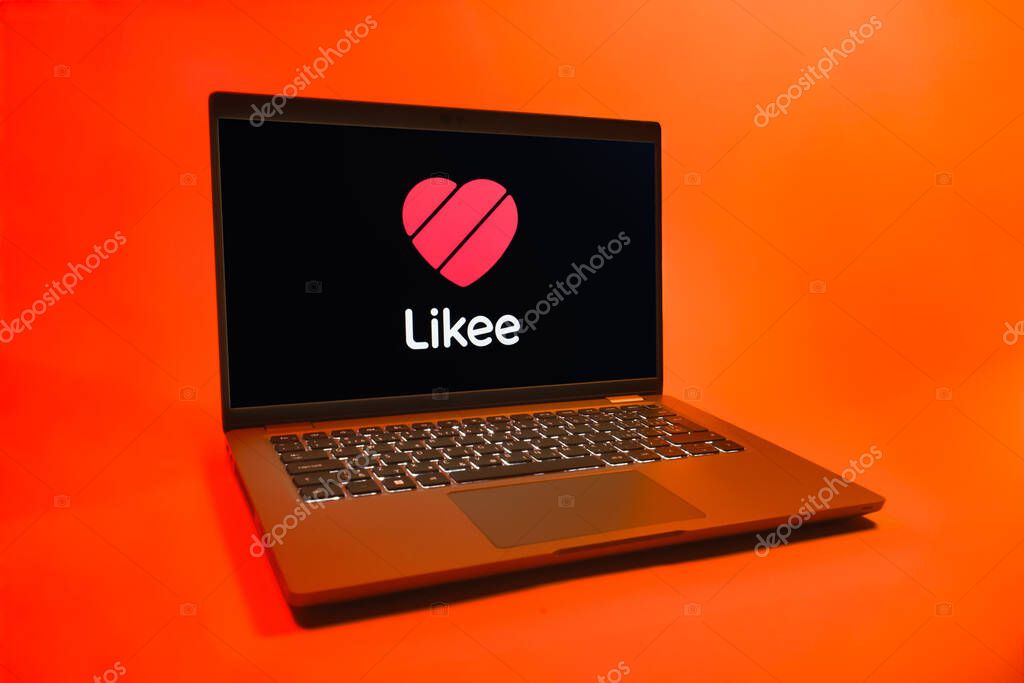 Prague, Czechia - 08 01 2025: A laptop on a uniform background displays the Likee logo. Likee is a platform for creating and sharing short videos.