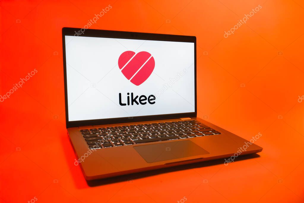 Prague, Czechia - 08 01 2025: A laptop on a uniform background displays the Likee logo. Likee is a platform for creating and sharing short videos.