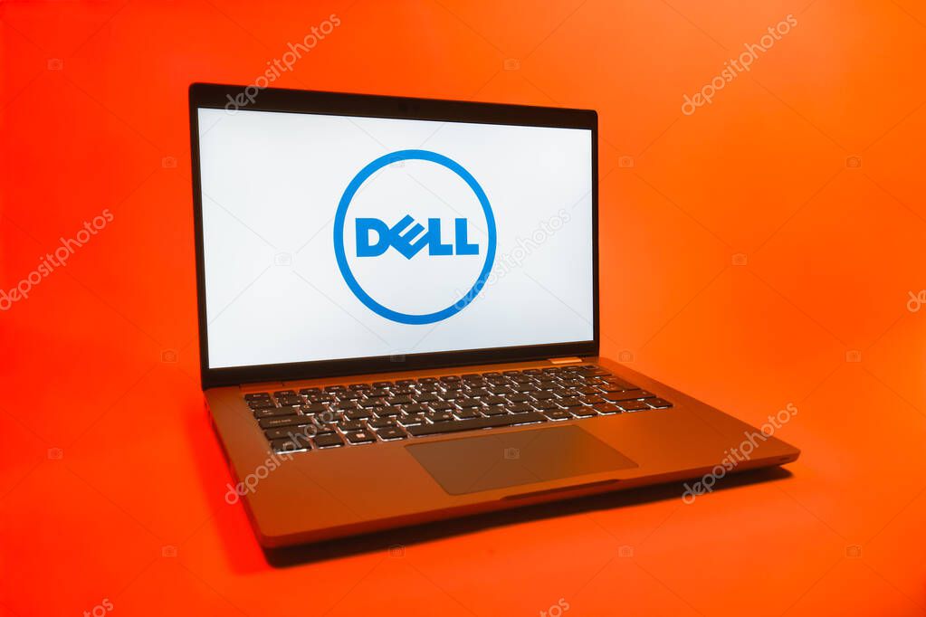Prague, Czechia - 08 01 2025: A laptop on a uniform background displays the Dell logo. Dell is a technology company producing computers and IT solutions.