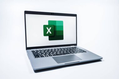 Prag, Çek Cumhuriyeti - 08 01 2025: Tek bir arkaplanda bir dizüstü bilgisayar Excel logosunu gösterir. Excel, tablo, veri analizi ve hesaplamalar için bir yazılımdır..
