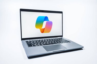 Prag, Çek Cumhuriyeti - 08 01 2025: Tek tip arkaplanda bir dizüstü bilgisayar Copilot logosunu gösteriyor. Copilot, üretkenlik yardımı için yazılıma entegre edilmiş bir yapay zeka asistanıdır..