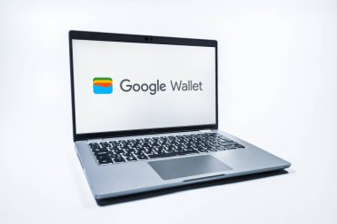 Prag, Çek Cumhuriyeti - 08 01 2025: Tek tip arka planda bir dizüstü bilgisayar Google Cüzdan logosunu gösterir. Google Cüzdanı dijital ödeme yöntemlerini depolamak ve kullanmak için bir platformdur.
