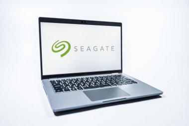 Prag, Çek Cumhuriyeti - 08 01 2025: Seagate logosunu gösteren bir dizüstü bilgisayar. Seagate sabit disk ve depolama çözümleri üreten bir şirkettir..
