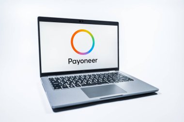 Prag, Çek Cumhuriyeti - 08 01 2025: Tek tip arkaplanda bir dizüstü bilgisayar Payonez logosunu gösterir. Paeveryone, küresel online ödemeler ve para transferleri için bir platformdur.