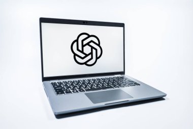 Prag, Çek Cumhuriyeti - 08 01 2025: Tek bir arkaplanda bir dizüstü bilgisayar OpenAI logosunu gösterir. OpenAI, yapay zeka modelleri ve uygulamaları geliştiren bir platformdur..