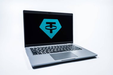 Prag, Çek Cumhuriyeti - 08 01 2025: Unither logosunu gösteren bir dizüstü bilgisayar. Bağlayıcı, ABD dolarına bağlı dijital bir kripto para birimi..