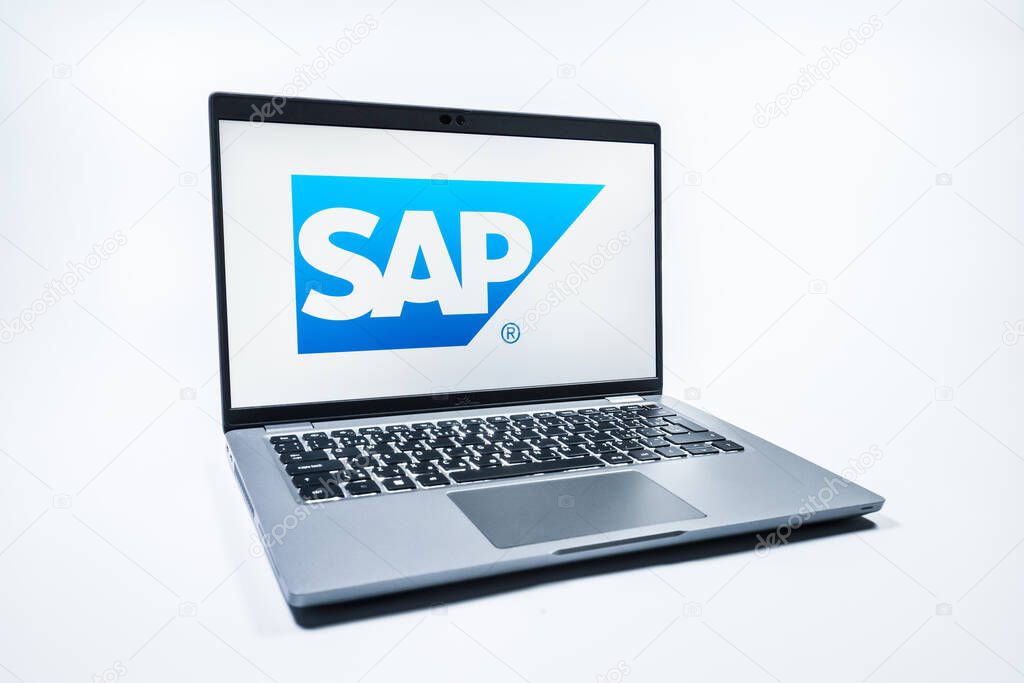 Prague, Czechia - 08 01 2025: A laptop on a uniform background displays the SAP logo. SAP is a software company providing enterprise applications and solutions.
